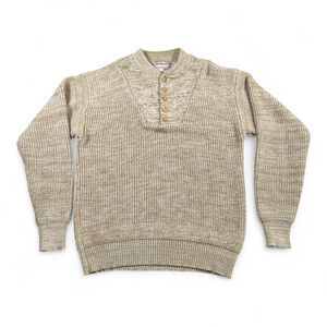 Vintage Campus Sweater Adult LARGE Brown Speckled Mock Neck Buttons Military 80s